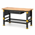 Banco da lavoro industriale in legno e acciaio nero, marrone e giallo con cassetto e ripiano, 120 × 60 × 90 cm