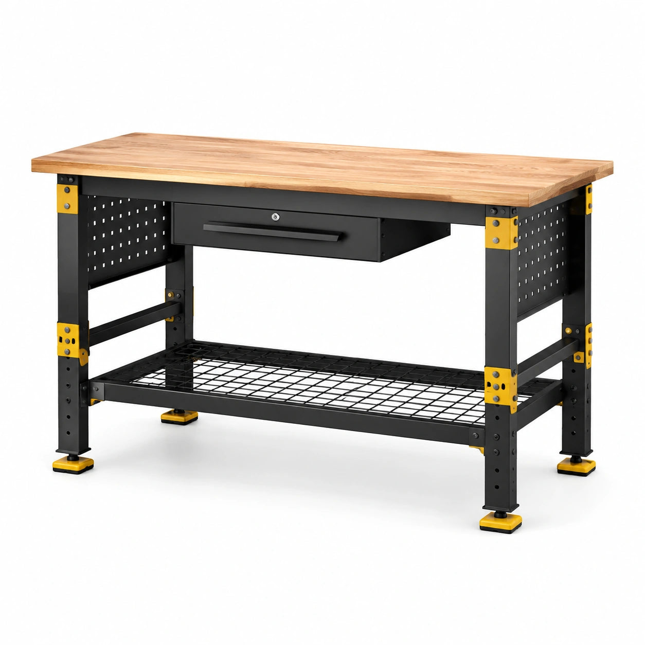 Banco da lavoro industriale in legno e acciaio nero, marrone e giallo con cassetto e ripiano, 120 × 60 × 90 cm