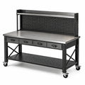 Banco da lavoro mobile in acciaio nero e argento 150 × 60 × 150 cm con 4 cassetti, pannello portautensili e ruote