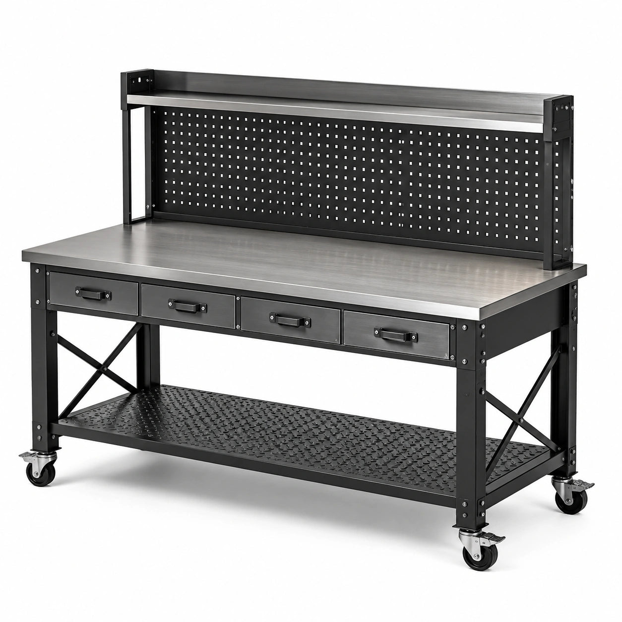 Banco da lavoro mobile in acciaio nero e argento 150 × 60 × 150 cm con 4 cassetti, pannello portautensili e ruote