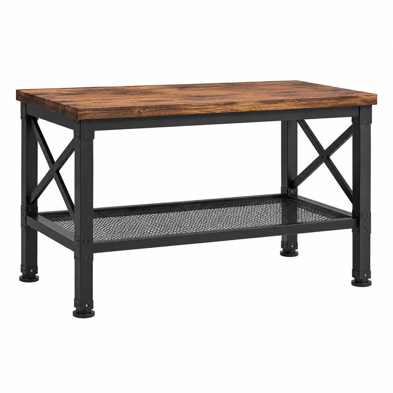 Tavolo da lavoro industriale in legno marrone e metallo nero con ripiano, 120 × 60 × 90 cm