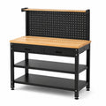 Banco da lavoro 120 x 60 x 155 cm in acciaio nero e legno naturale con 2 cassetti, 3 ripiani e pannello portautensili