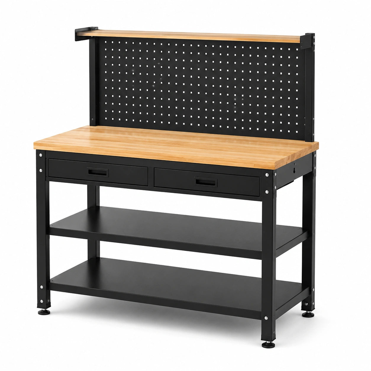 Banco da lavoro 120 x 60 x 155 cm in acciaio nero e legno naturale con 2 cassetti, 3 ripiani e pannello portautensili
