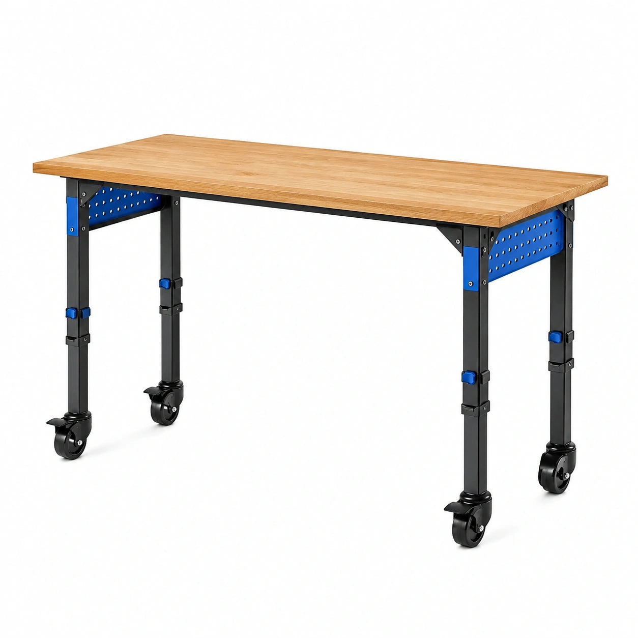 Banco da lavoro mobile ad altezza regolabile 120 × 60 × 90 cm in legno e acciaio, naturale, nero e blu