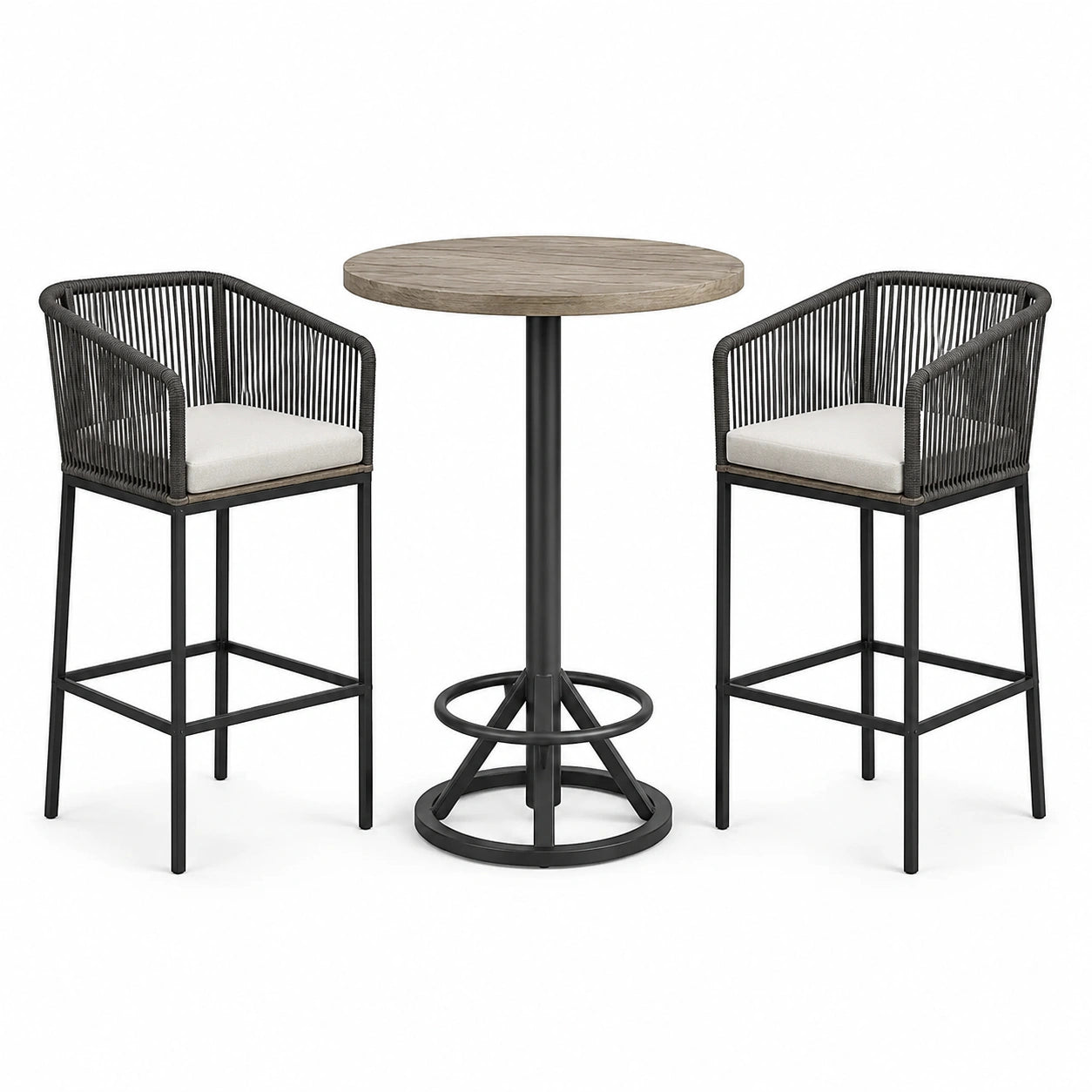Set da esterno con tavolo rotondo Ø 70 × H 95 cm e 2 sgabelli 57 × 55 × 103 cm, nero, beige e tortora