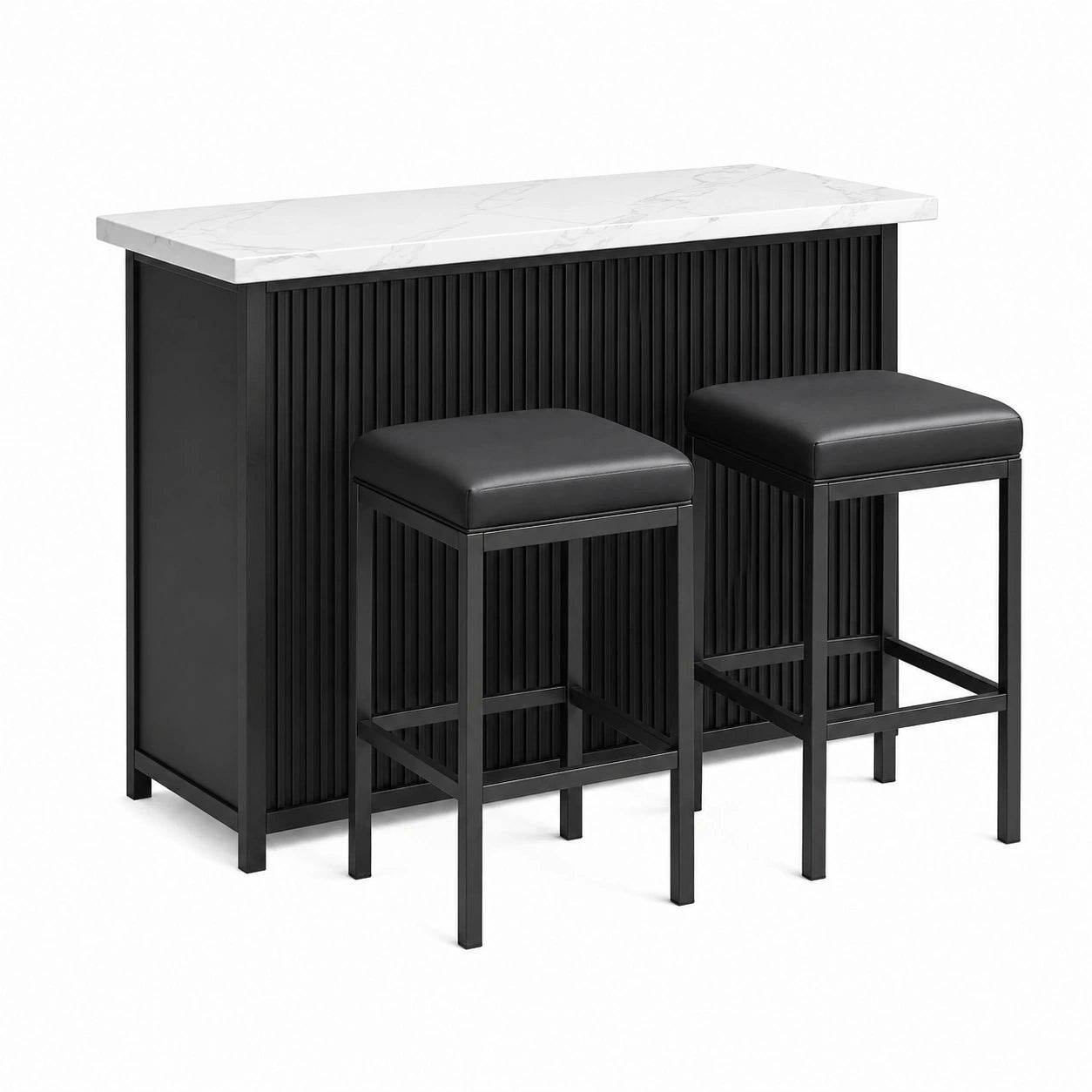Set tavolo alto 120 × 40 × 100 cm con 2 sgabelli 40 × 40 × 75 cm, nero con piano bianco effetto marmo