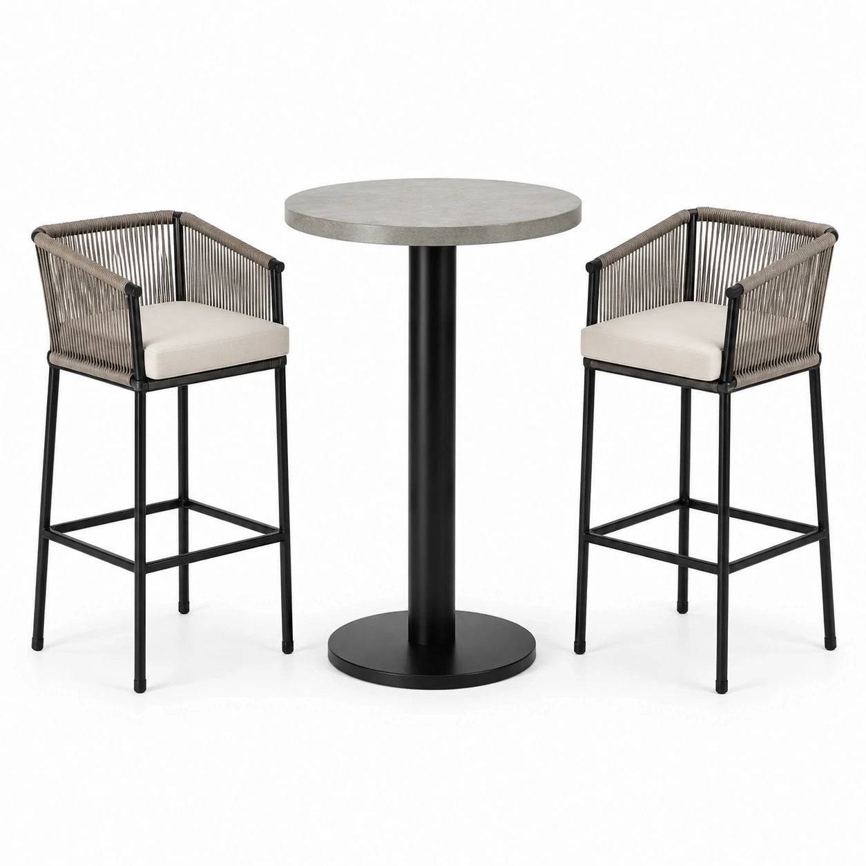 Set da bar 3 pezzi con tavolo rotondo Ø 70 x 105 cm e 2 sgabelli 55 x 55 x 100 cm, nero, tortora, beige e grigio cemento