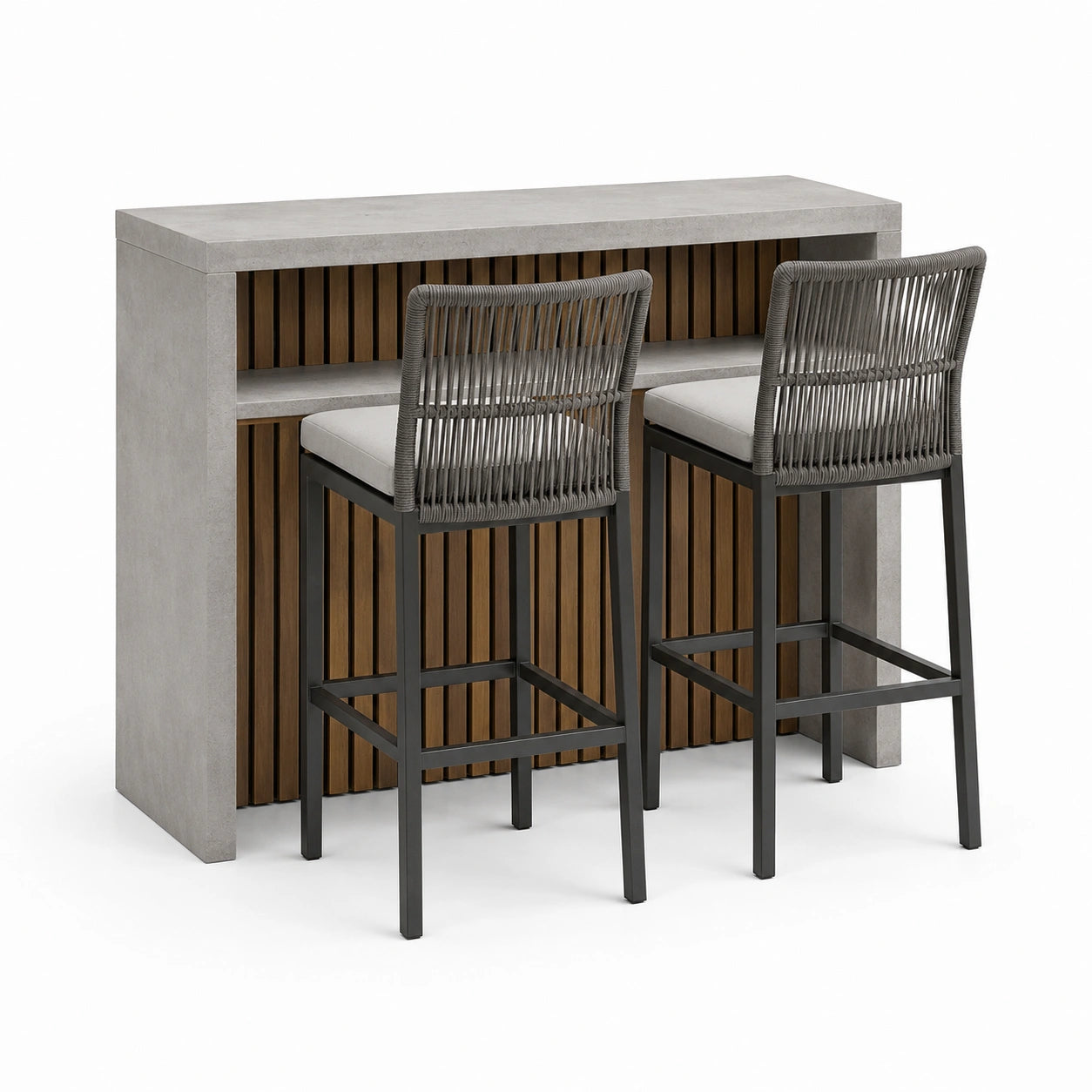 Set da bar da esterno a 3 pezzi grigio, marrone e antracite, tavolo 120 x 48 x 105 cm e 2 sgabelli 55 x 57 x 108 cm
