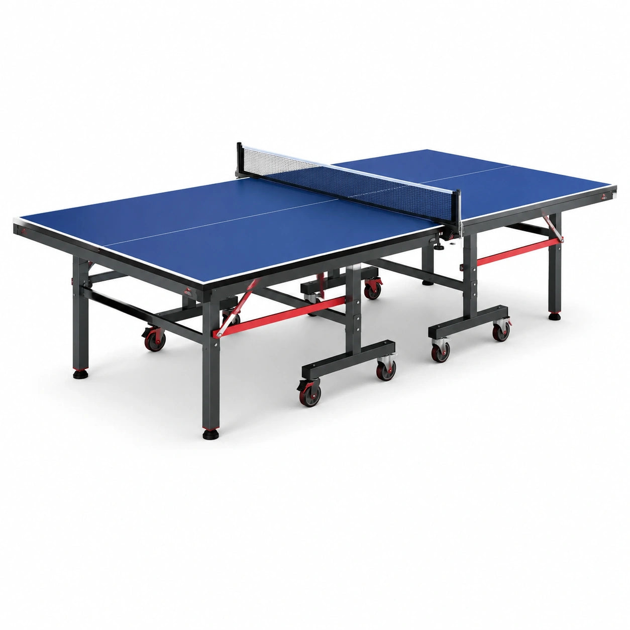 Tavolo da ping pong pieghevole 274 × 152,5 × 76 cm in pannello composito e acciaio, blu, nero e rosso, con rete e ruote