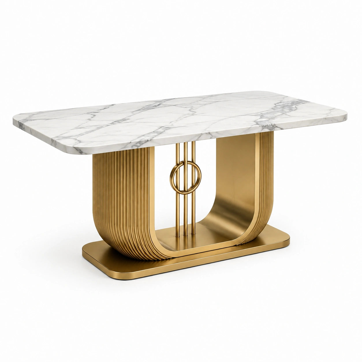 Tavolo moderno 140 × 80 × 76 cm, piano bianco effetto marmo con venature grigie e base dorata