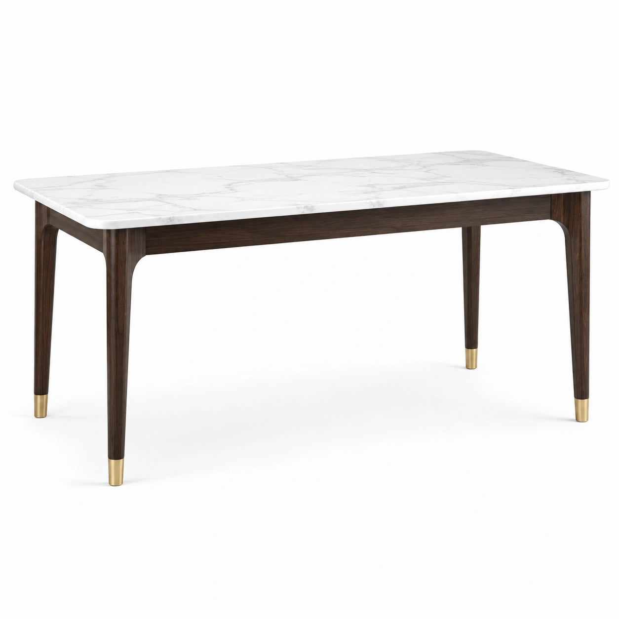 Tavolo moderno con piano effetto marmo bianco, struttura marrone scuro e dettagli dorati, 160 × 90 × 76 cm