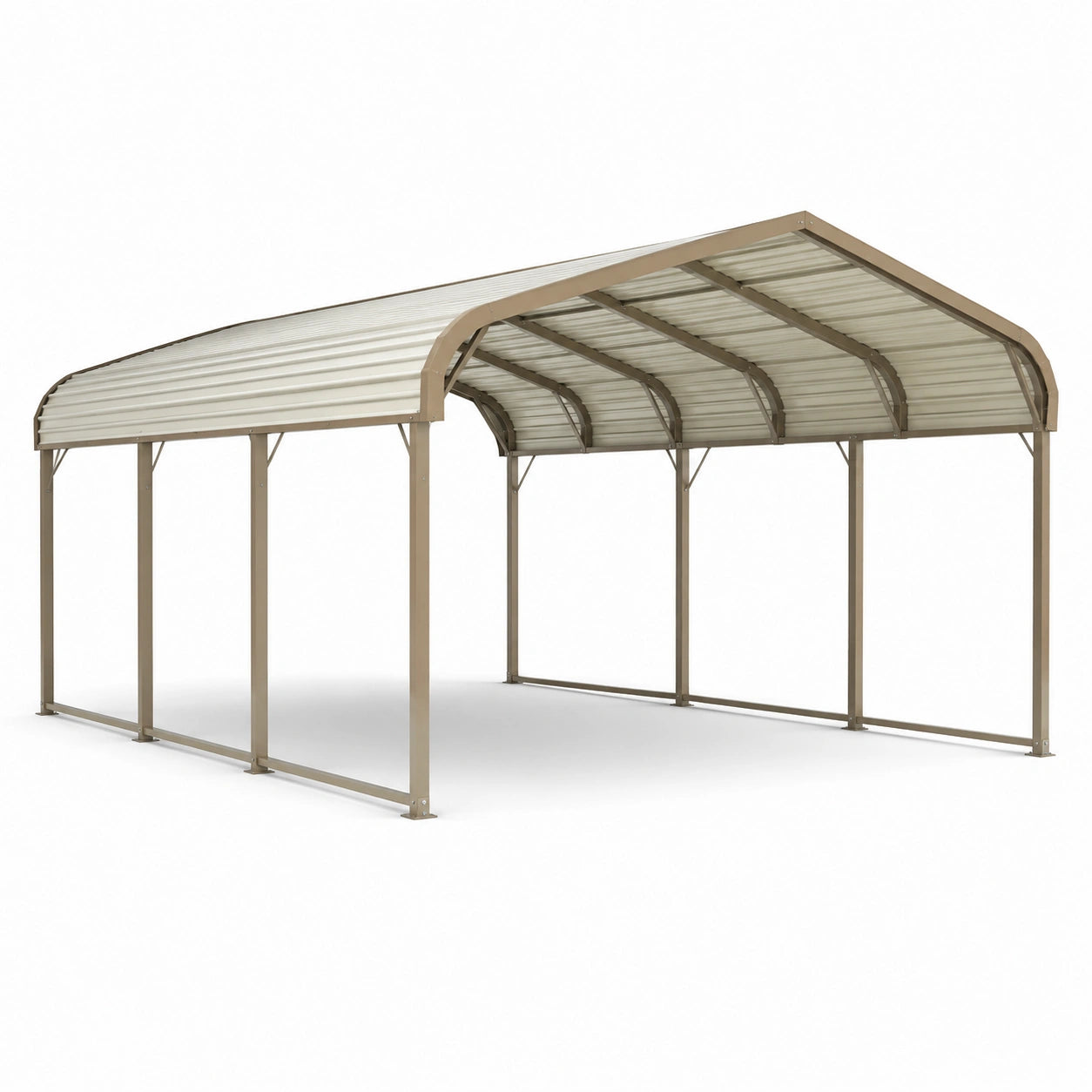 Carport doppio in acciaio beige e grigio con tetto curvo, 610 × 610 × 290 cm