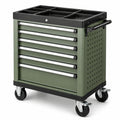 Carrello portautensili in acciaio verde oliva, nero e argento, 77 × 48 × 96 cm, con 7 cassetti e 4 ruote