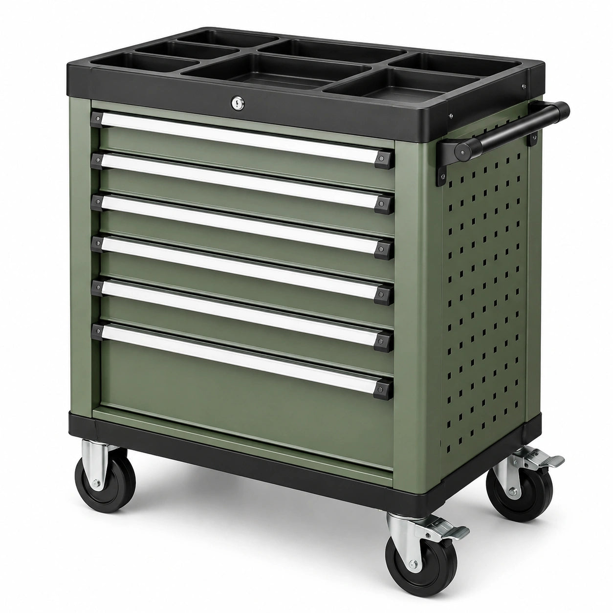 Carrello portautensili in acciaio verde oliva, nero e argento, 77 × 48 × 96 cm, con 7 cassetti e 4 ruote