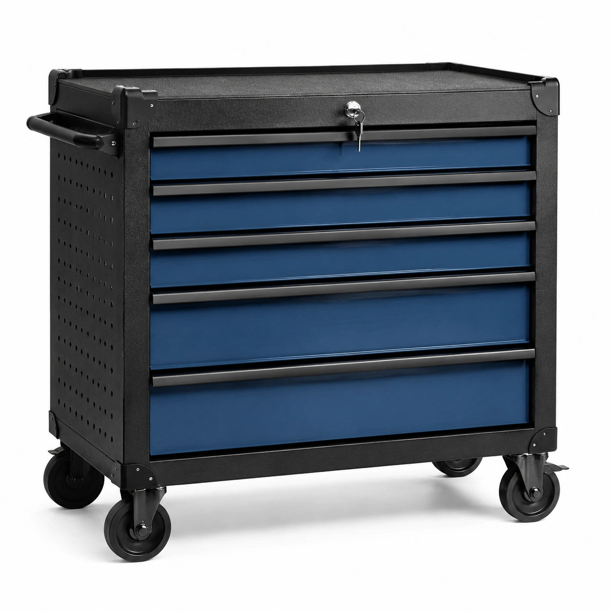 Carrello portautensili in acciaio blu e nero con 5 cassetti, serratura e ruote, 77 × 46 × 91 cm