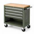 Carrello portautensili verde oliva con piano in legno, 4 cassetti, vano aperto e ruote, 77 × 46 × 88 cm