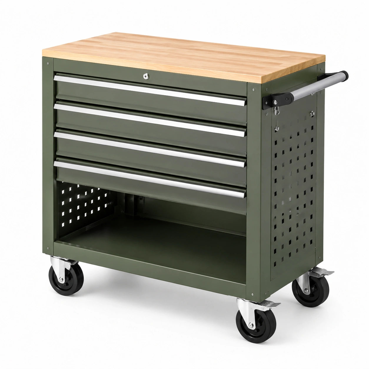 Carrello portautensili verde oliva con piano in legno, 4 cassetti, vano aperto e ruote, 77 × 46 × 88 cm