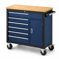 Carrello portautensili blu scuro 85 × 46 × 94 cm con piano in legno, 6 cassetti, armadietto e ruote