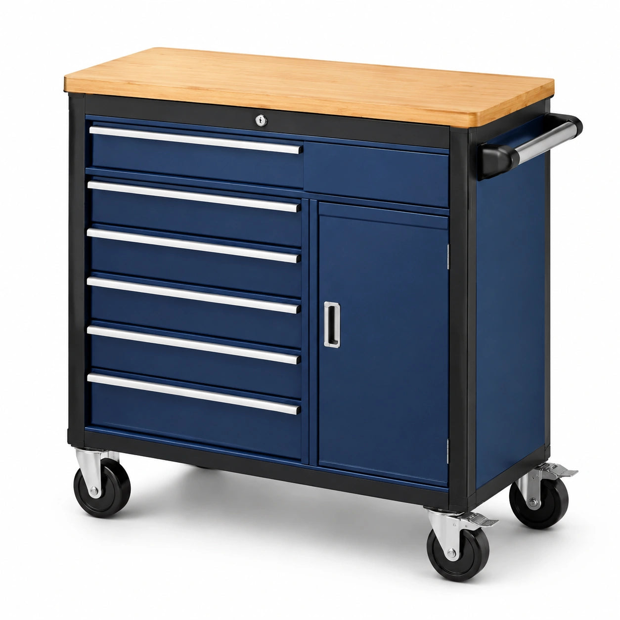 Carrello portautensili blu scuro 85 × 46 × 94 cm con piano in legno, 6 cassetti, armadietto e ruote