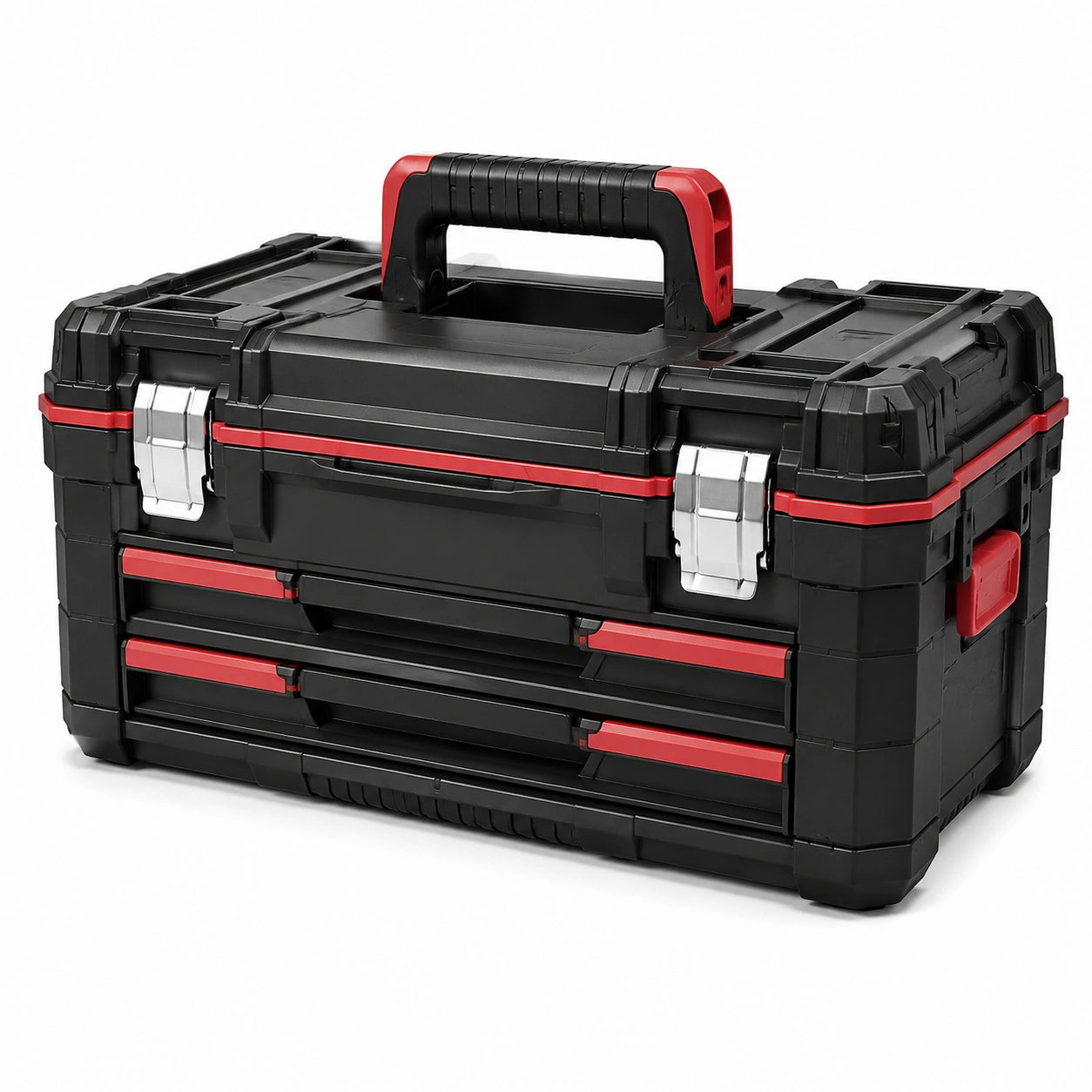 Cassetta portautensili nera e rossa 52 × 30 × 33 cm con 3 cassetti, vano superiore e maniglia
