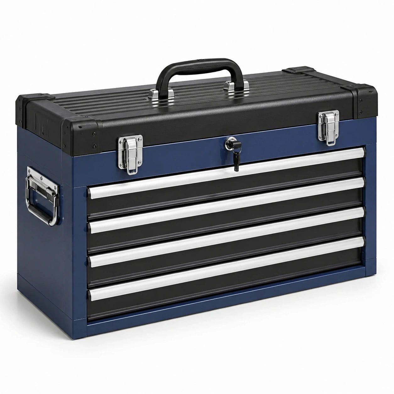 Cassetta portautensili in acciaio blu, nero e argento, 66 × 30 × 49 cm, con 4 cassetti e serratura