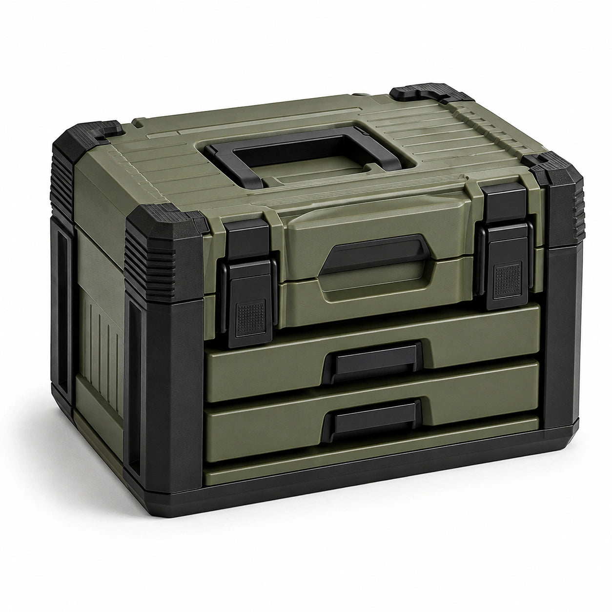 Cassetta portautensili con vano superiore e 2 cassetti, 55 × 35 × 40 cm, verde oliva e nera
