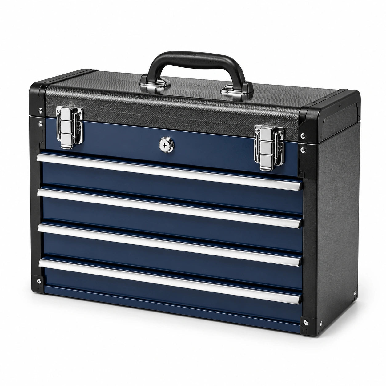 Cassetta portautensili blu scuro e nera con 4 cassetti e vano superiore, 51 × 26 × 43 cm