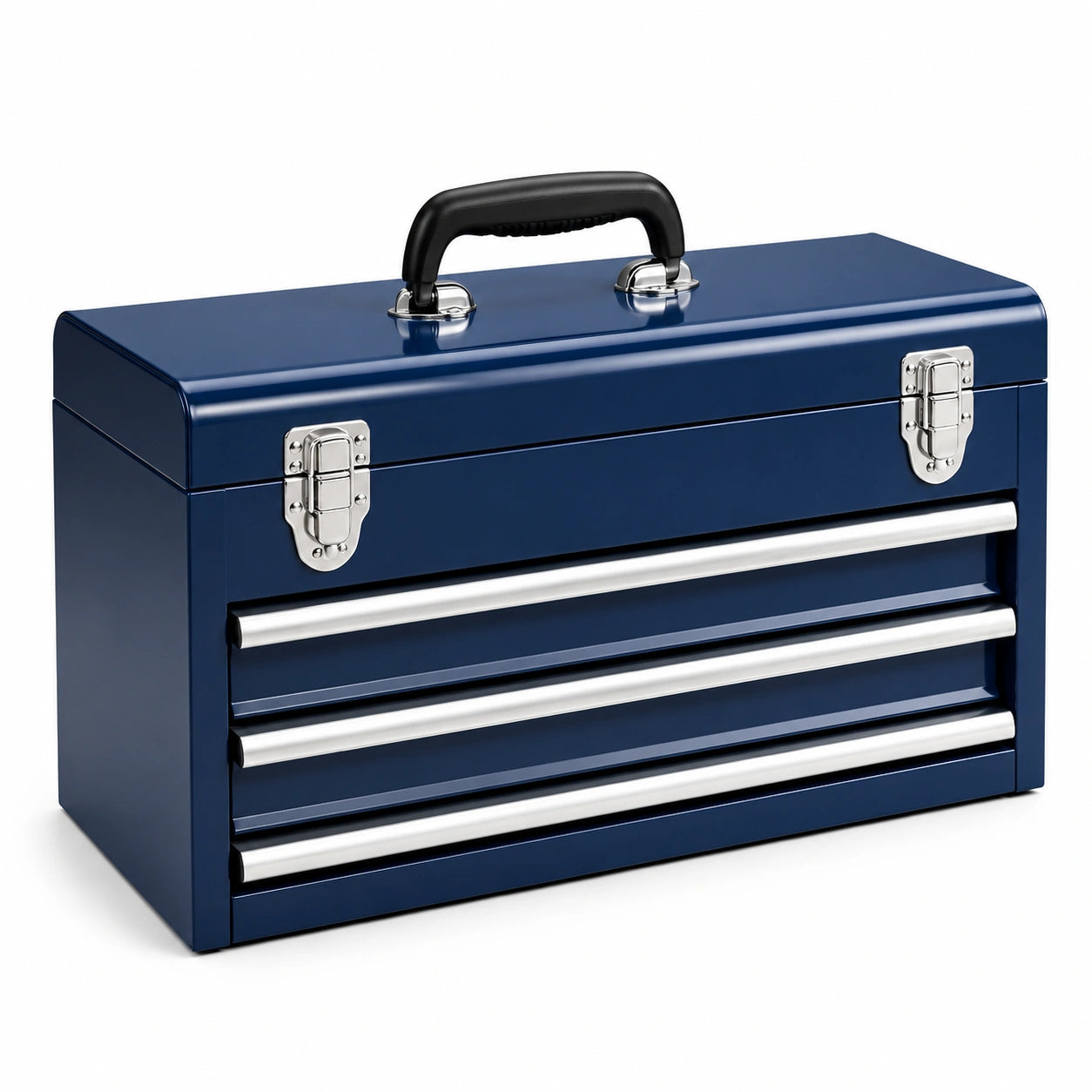 Cassetta portautensili in acciaio con 3 cassetti e vano superiore, 50 × 22 × 36 cm, blu scuro, argento e nero