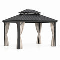 Gazebo da giardino in metallo antracite con tetto rigido e tende beige, 400 × 300 × 290 cm
