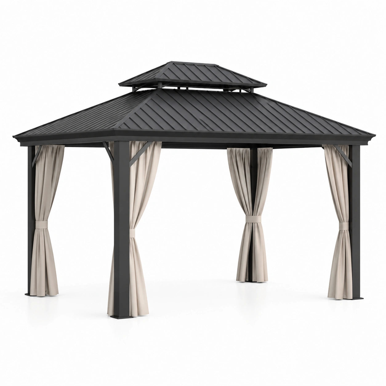 Gazebo da giardino in metallo antracite con tetto rigido e tende beige, 400 × 300 × 290 cm