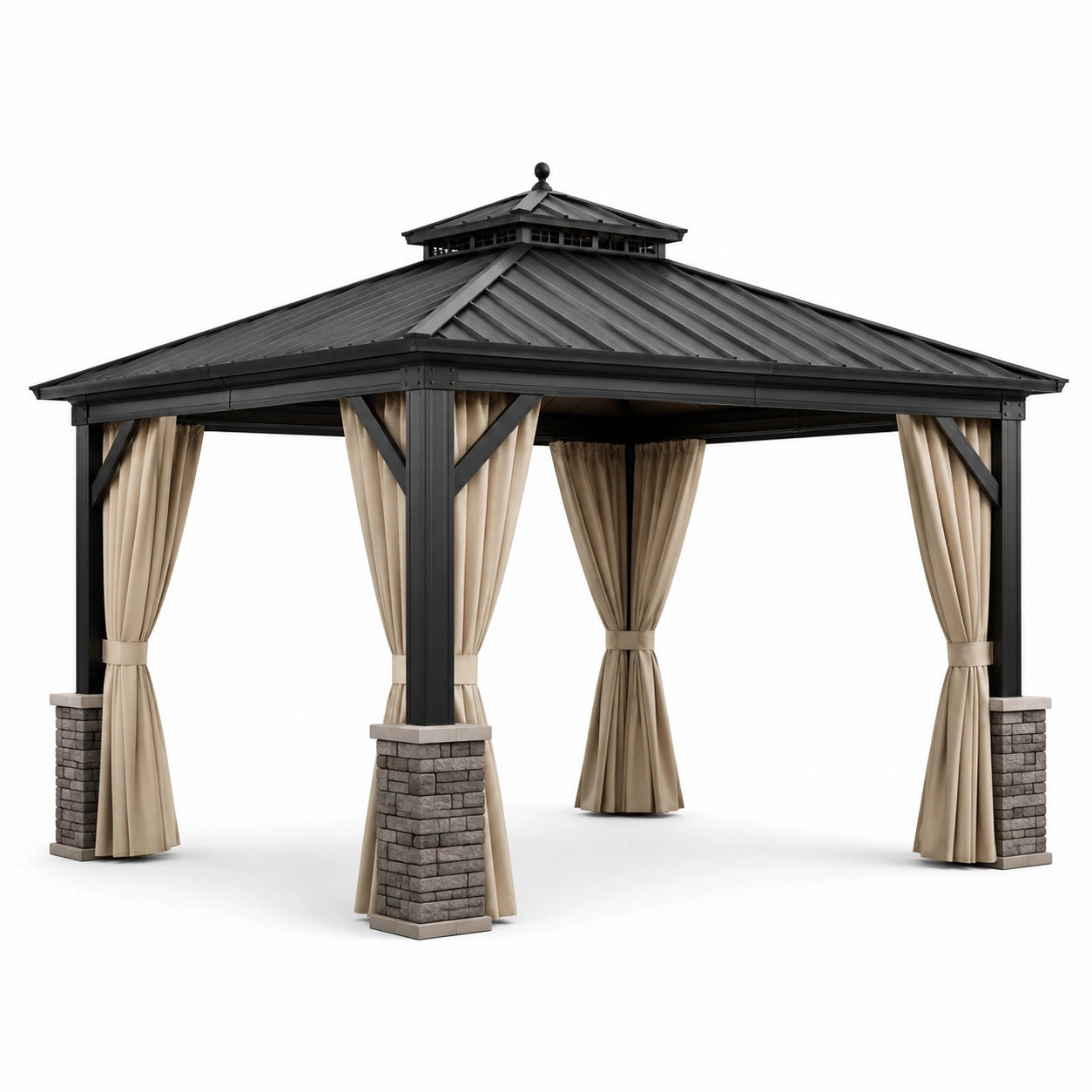Gazebo da giardino 360 × 360 × 315 cm antracite con tetto rigido, tende beige e basi grigie