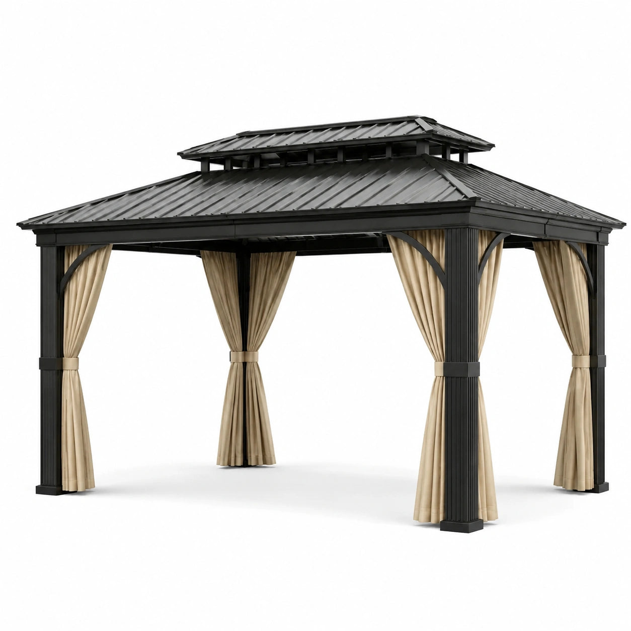 Gazebo da giardino nero con tende beige e tetto rigido ventilato, 400 × 300 × 300 cm
