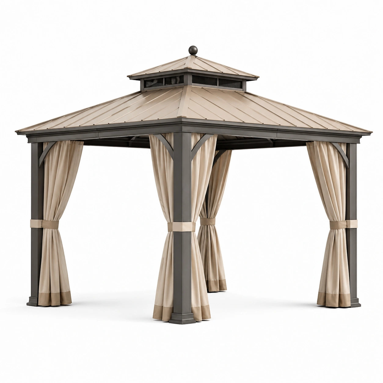Gazebo da giardino 365 × 305 × 290 cm grigio antracite, tortora e beige con tetto rigido e tende laterali