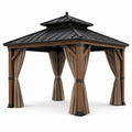 Gazebo da giardino 300 × 300 × 290 cm effetto legno marrone con tetto rigido nero e tende tortora
