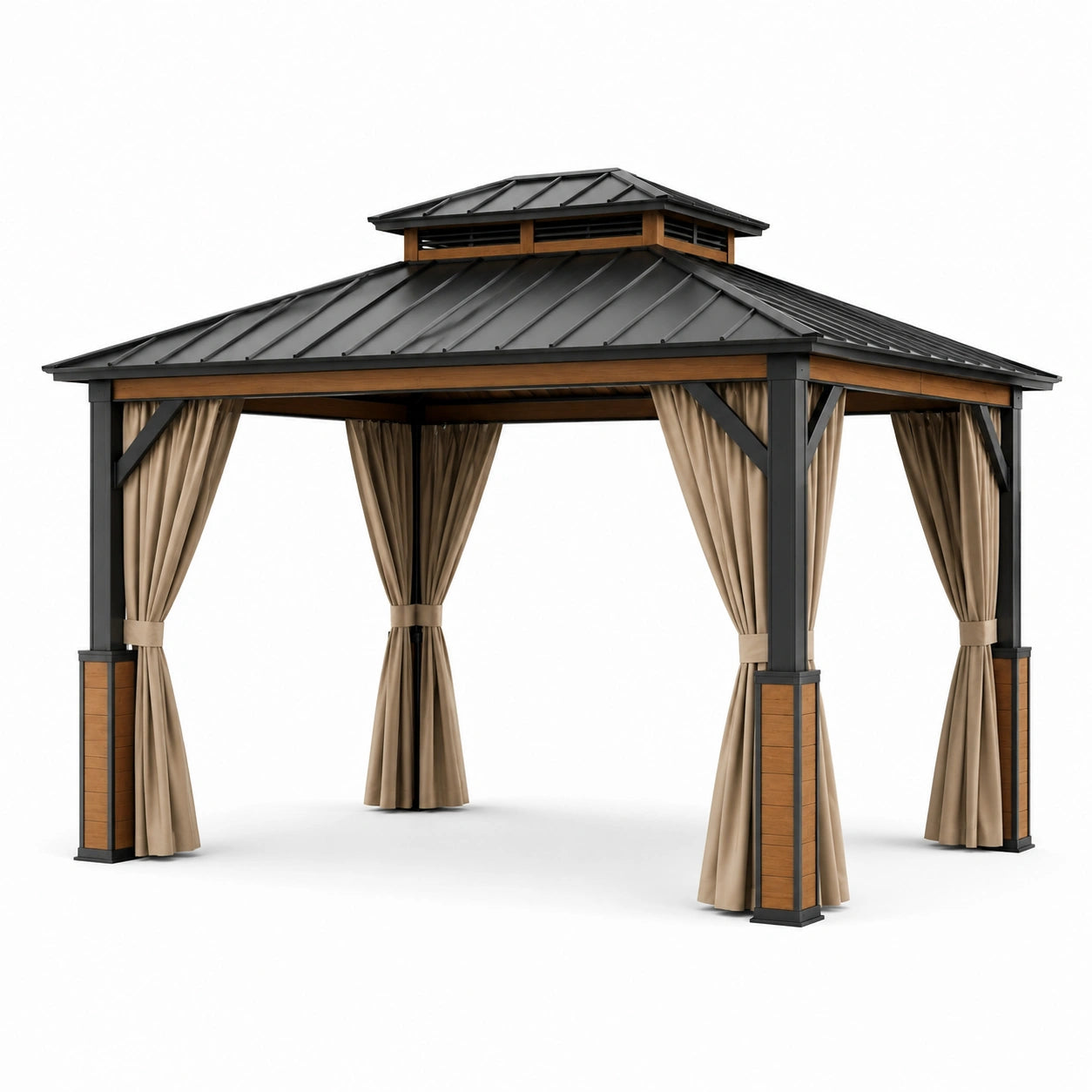 Gazebo da giardino con tetto rigido e tende laterali, 400 × 300 × 300 cm, antracite, marrone e beige