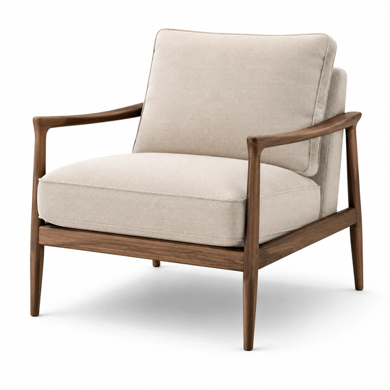 Poltrona moderna in tessuto beige con struttura in legno marrone, 76 × 82 × 81 cm
