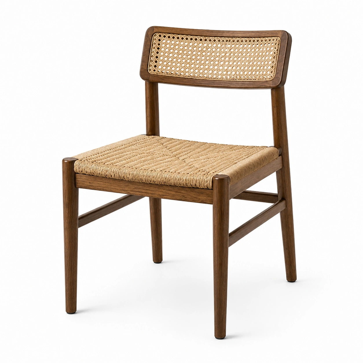 Sedia da pranzo in legno marrone e fibra naturale intrecciata, 50 × 53 × 82 cm, stile retrò