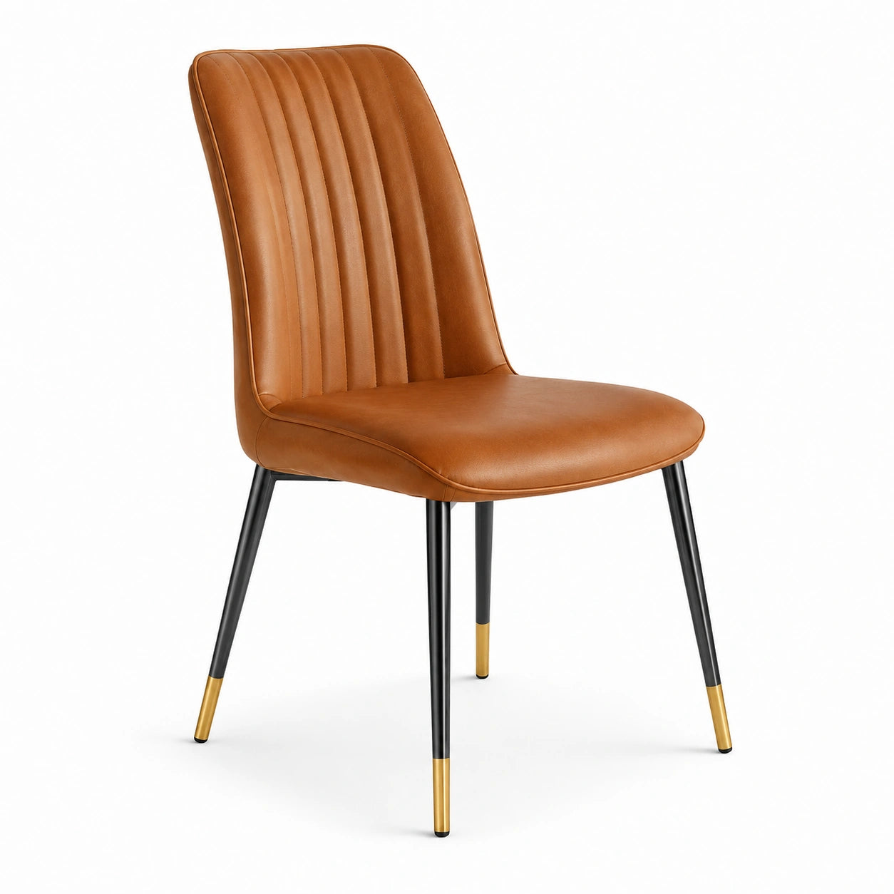 Sedia moderna imbottita marrone cognac 48 × 56 × 85 cm con gambe in metallo nero e dettagli color ottone