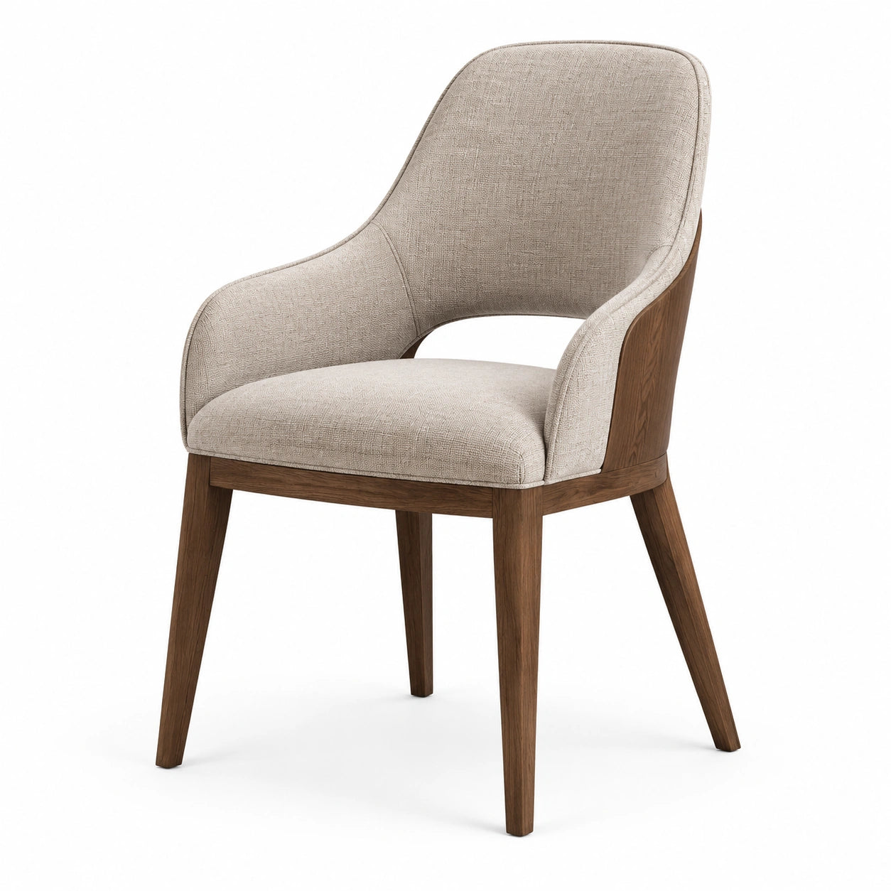 Sedia imbottita con braccioli, struttura in legno marrone e tessuto beige, 60 × 61 × 86 cm