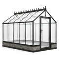 Serra da giardino in alluminio nero e vetro trasparente, 300 × 200 × 250 cm, con porta e basamento effetto pietra