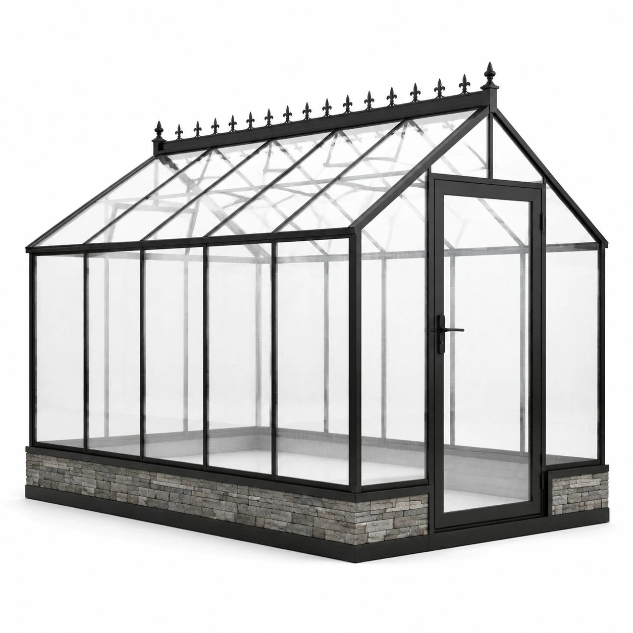Serra da giardino in alluminio nero e vetro trasparente, 300 × 200 × 250 cm, con porta e basamento effetto pietra
