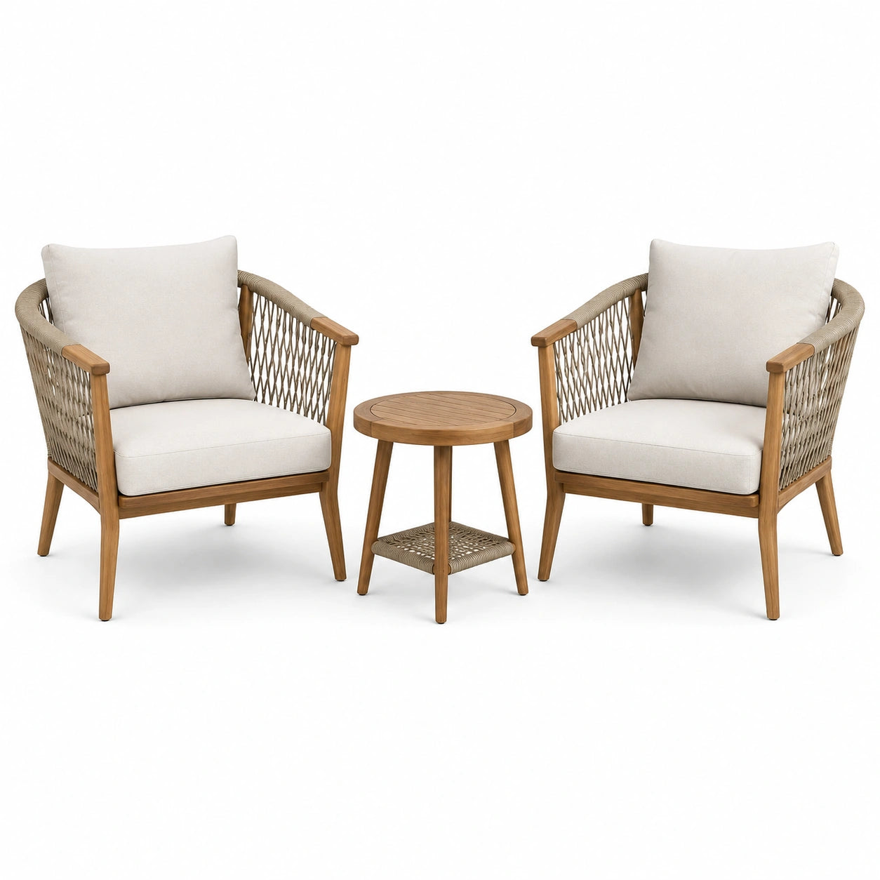 Set da giardino 3 pezzi con 2 poltrone da 75 × 78 × 82 cm e tavolino rotondo Ø 50 × 52 cm, beige, marrone e bianco crema