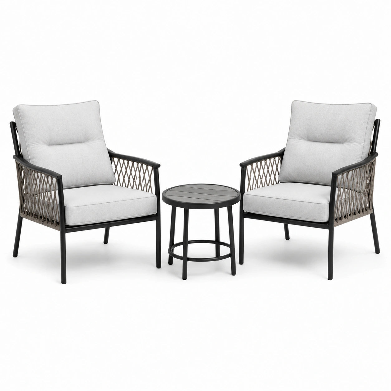 Set da giardino 3 pezzi con 2 poltrone 70 × 75 × 85 cm e tavolino rotondo Ø 50 × 45 cm, nero, grigio chiaro e tortora