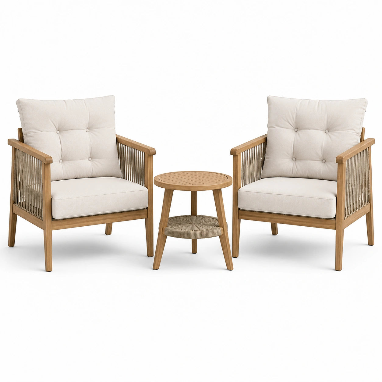 Set 3 pezzi con 2 poltrone 72 × 76 × 84 cm e tavolino rotondo Ø 52 × 50 cm, beige, marrone naturale e tortora