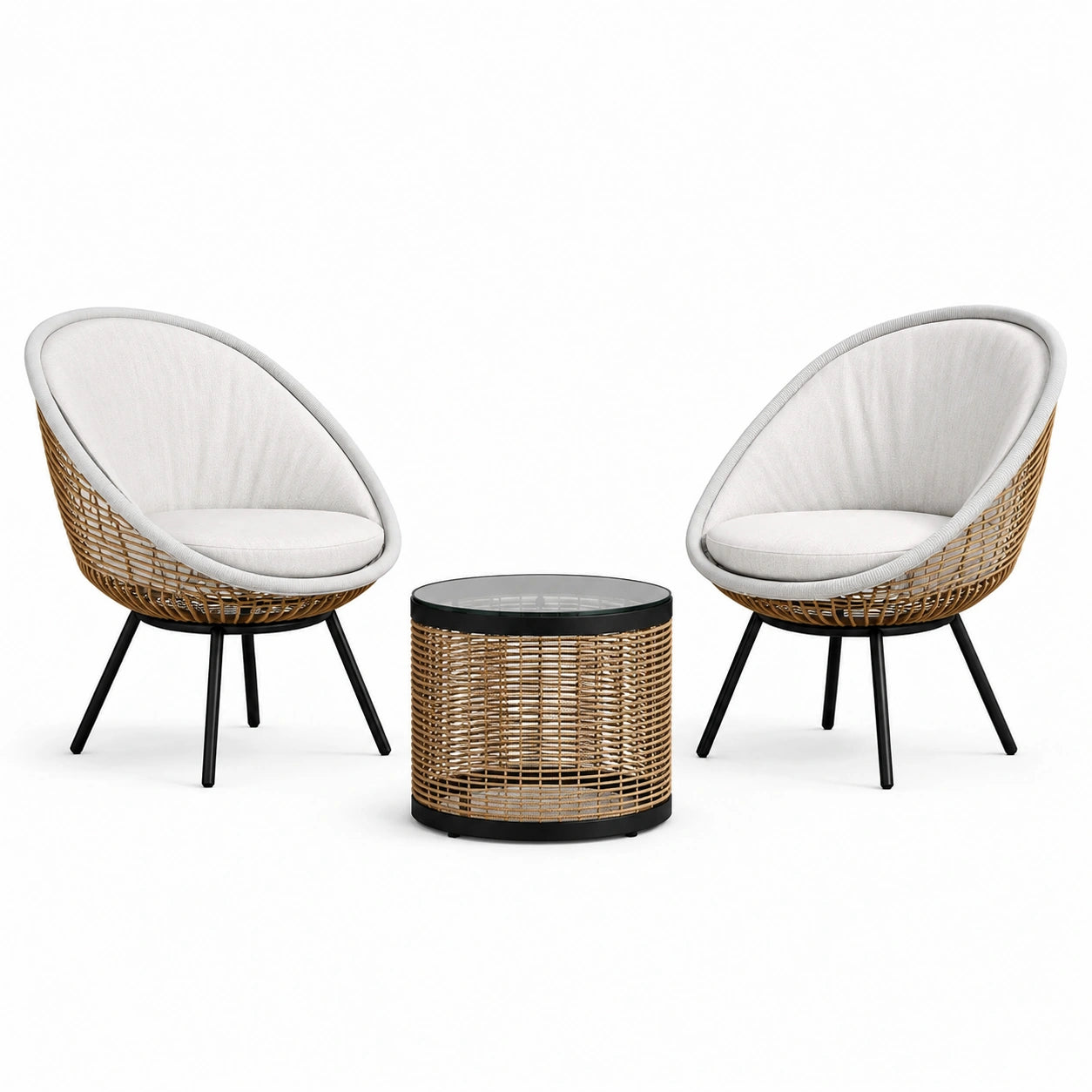 Set da giardino moderno da 3 pezzi con 2 poltrone 78 × 74 × 86 cm e tavolino Ø 50 × 50 cm, marrone, bianco, nero e trasparente