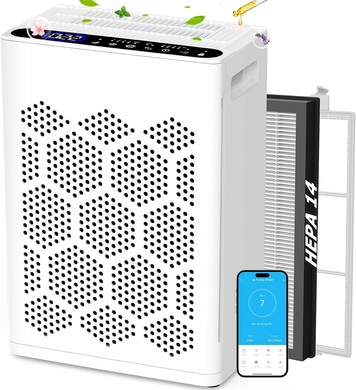 DAYETTE, Oczyszczacz powietrza, 2400 m, 22 dB, Biały, Wi-Fi, filtr HEPA
