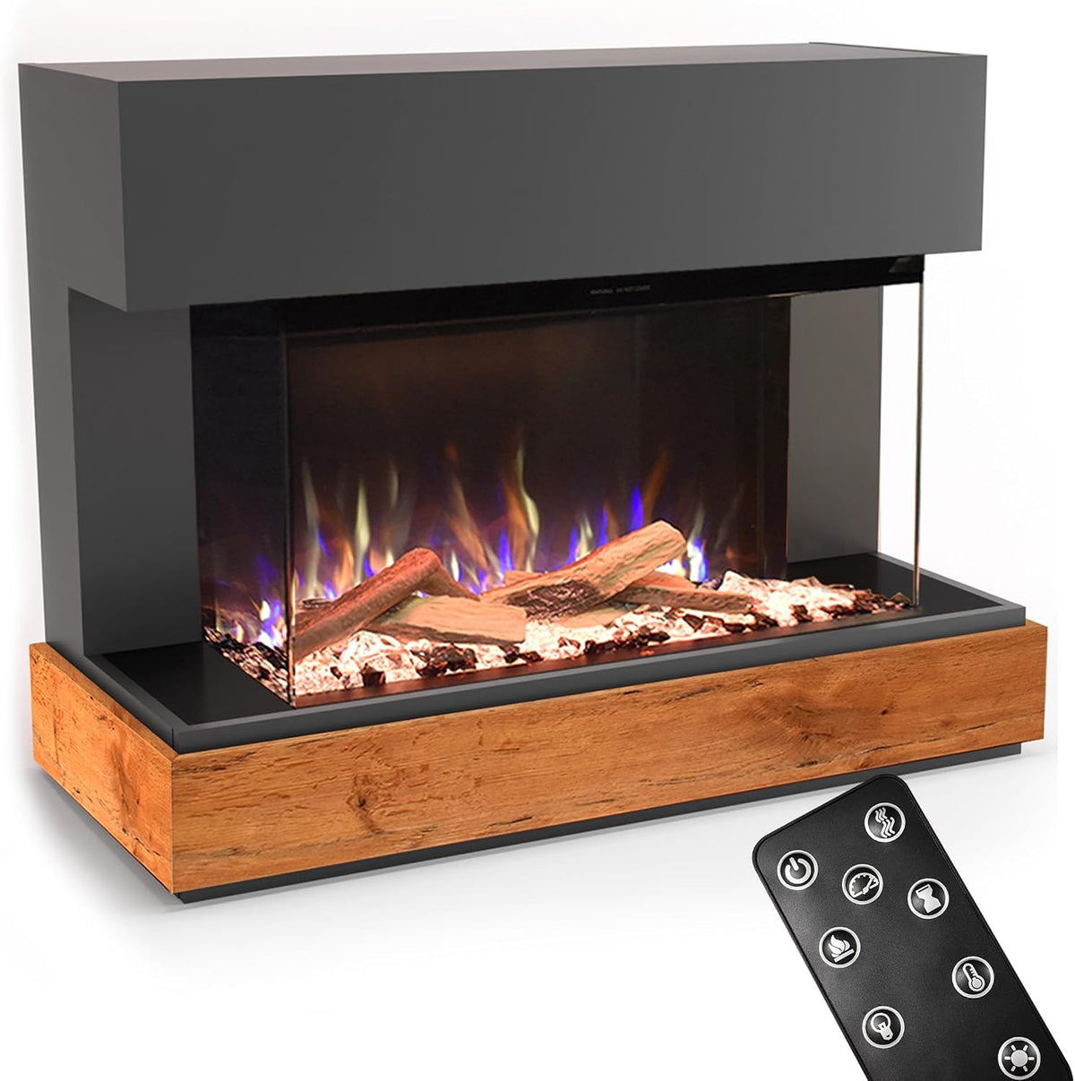 GLOW FIRE, Kominek elektryczny, 1500 W, 20 m, Szary/Drewno, regulowana wysokość, oświetlenie LED, pilot zdalnego sterowania, timer