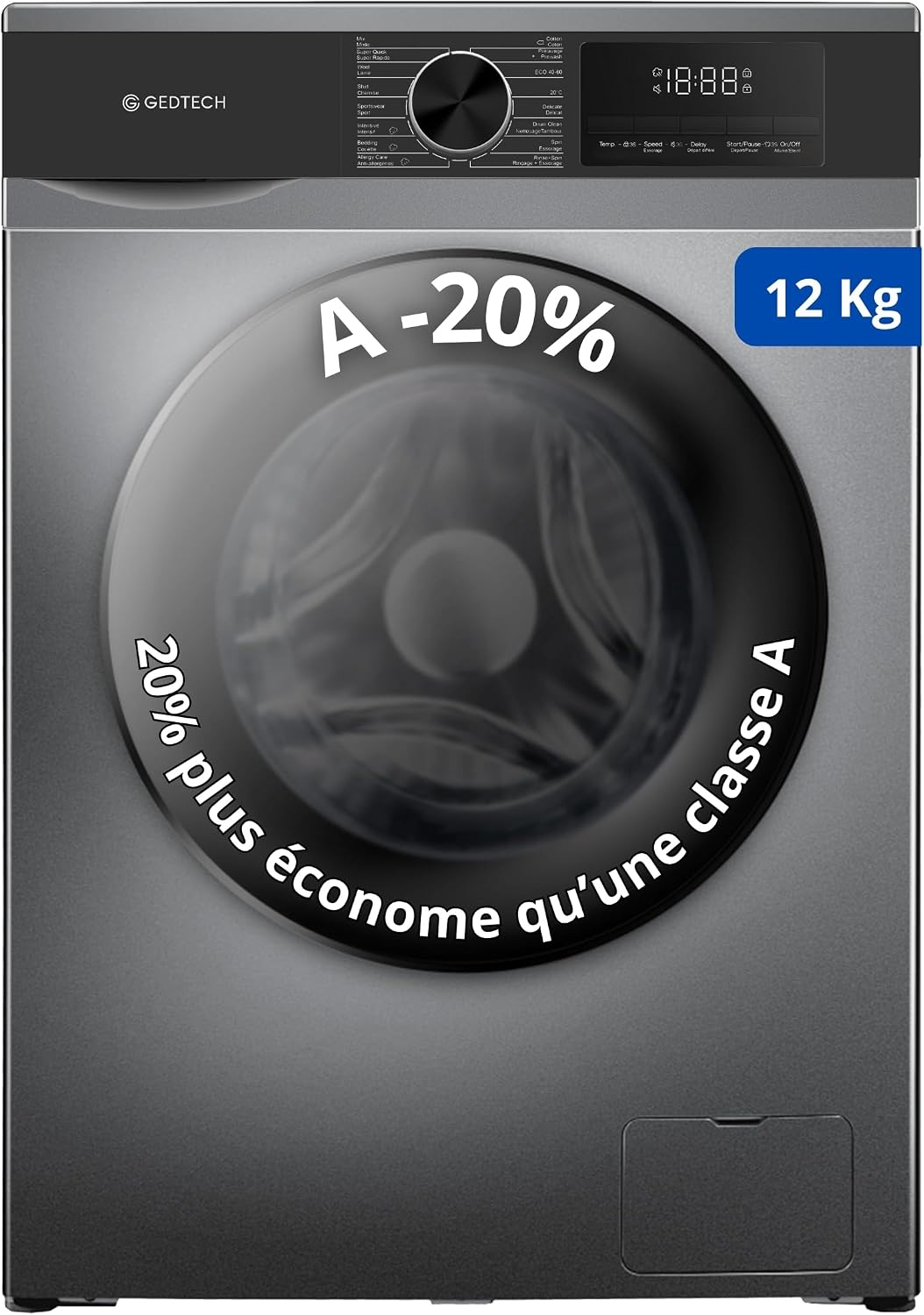 GEDTECH, Pralka, GLL121400DG, 12 kg, 1400 obr./min, Szary, oświetlenie LED