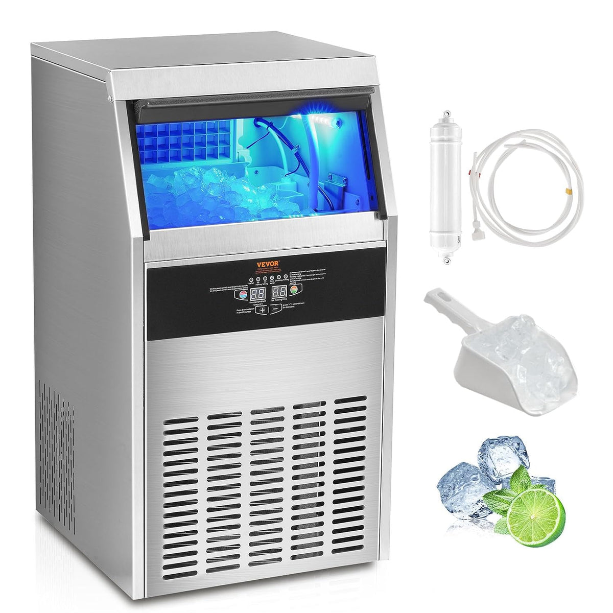 VEVOR, Kostkarki do lodu, 47 kg, 505 x 465 x 845 mm, 65 dB, Srebrny, stal nierdzewna, oświetlenie LED, samoczyszczenie