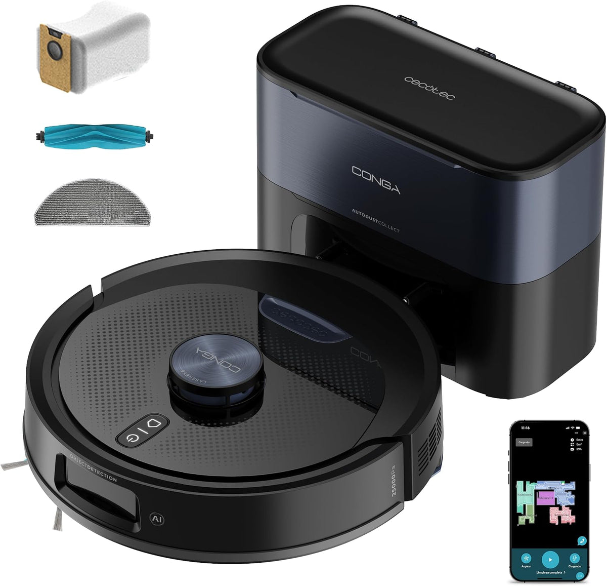 Cecotec, Robot sprzątający, Y90, 3 l, Czarny, Bluetooth, Wi-Fi